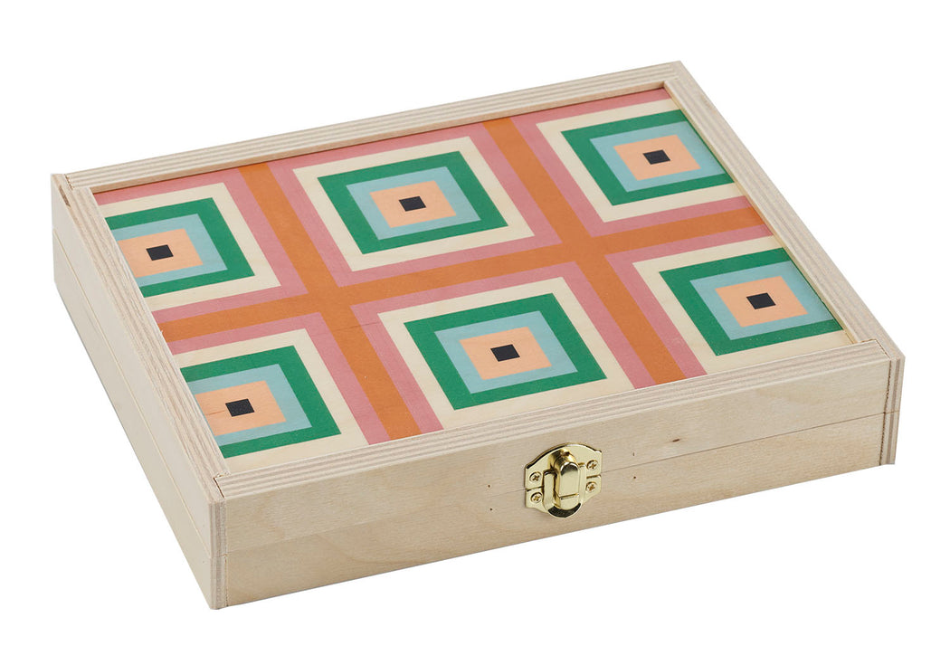 Pink & green geometric wooden backgammon set with brass latch
