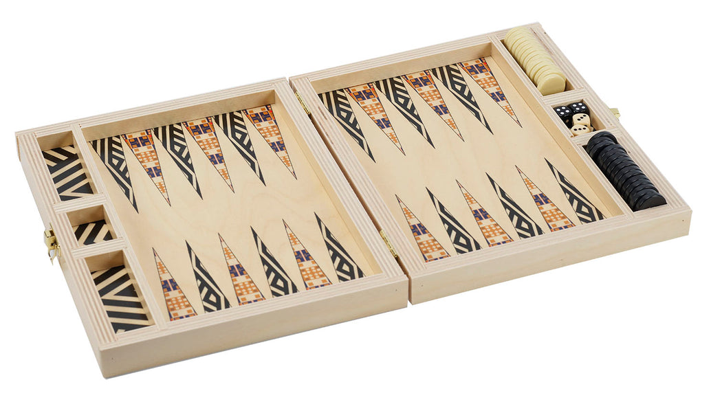 Interior View: Olive & navy geometric wooden backgammon set 